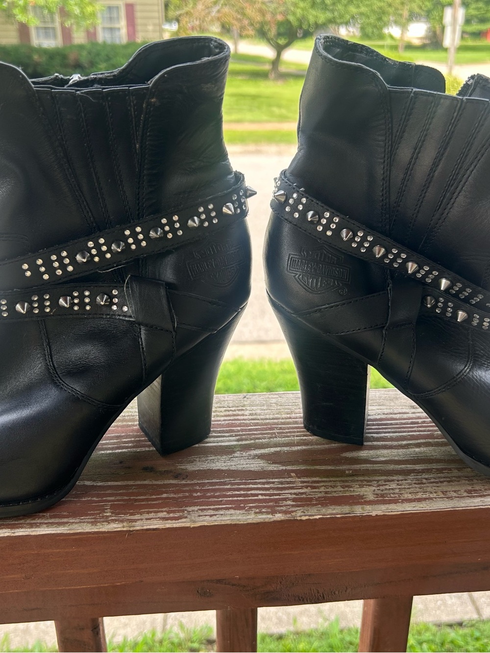 Harley-Davidson Black Studded Leather Mid-Heel Ankle Boots